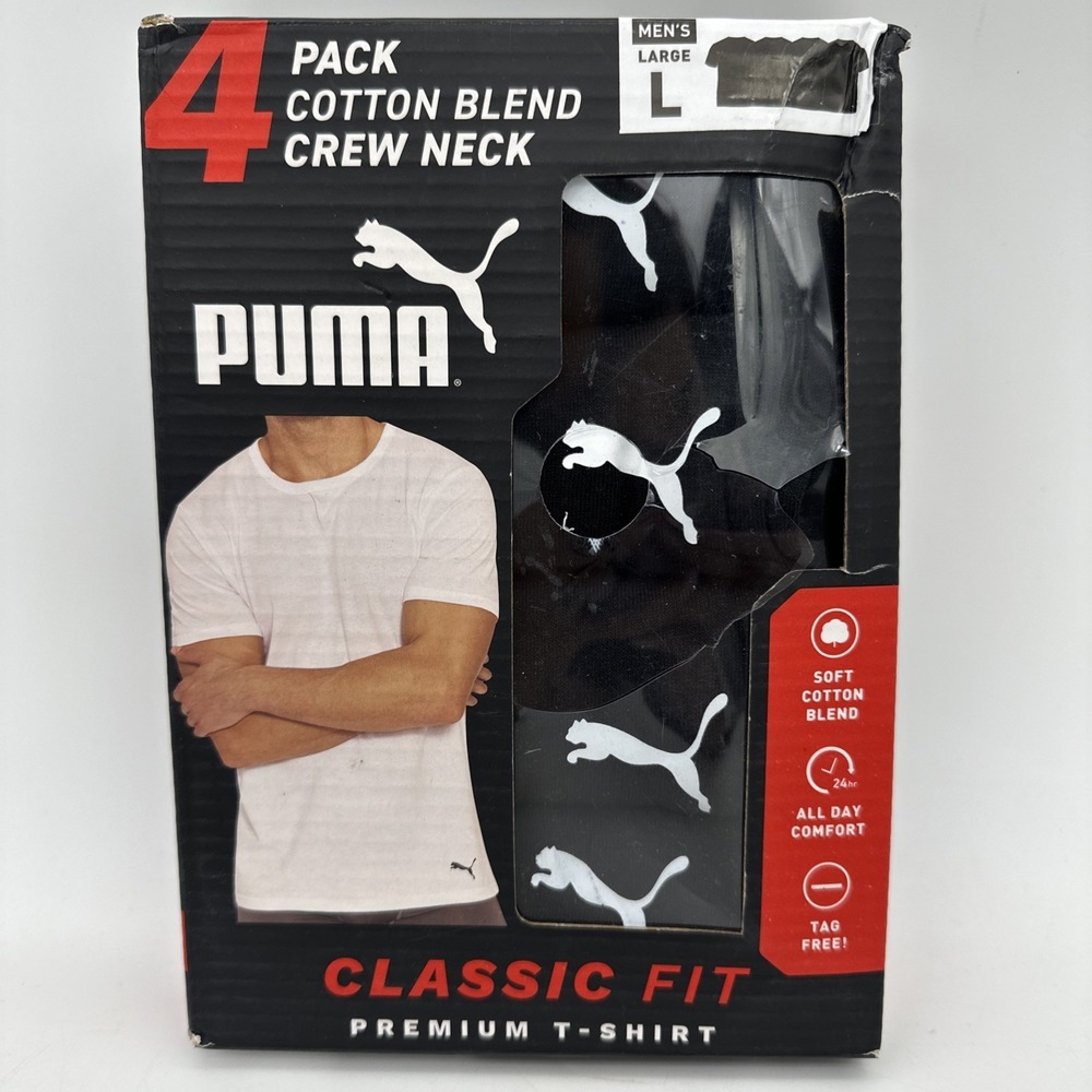 4-Pack Men's PUMA Cotton Blend Classic Fit Crew Neck T Shirts - Sz Large Black